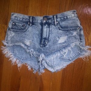 High waisted distressed denim shorts